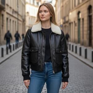 $160 Abercrombie Black Faux Fur Collared Vegan Leather Bomber Jacket Coat Small